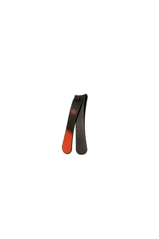 A stainless steel nail clipper with a black handle and orange detailing.