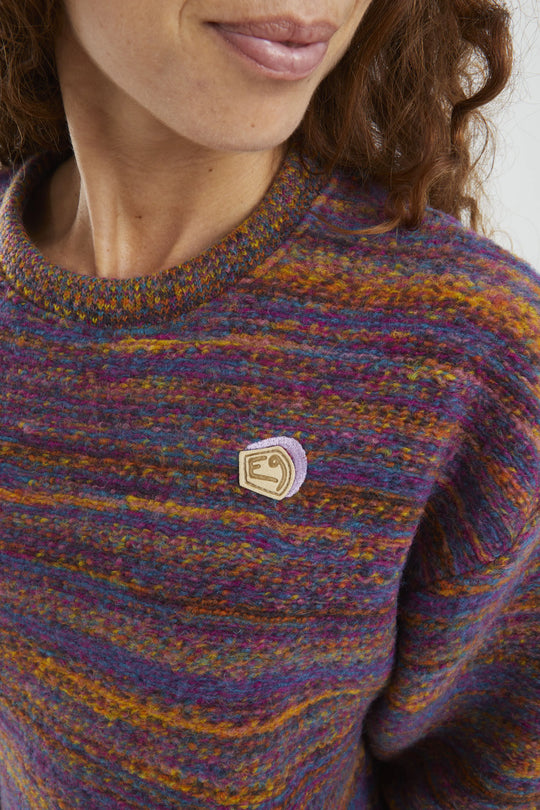Close-up of a person wearing a multicolored wool sweater with a logo on a white background