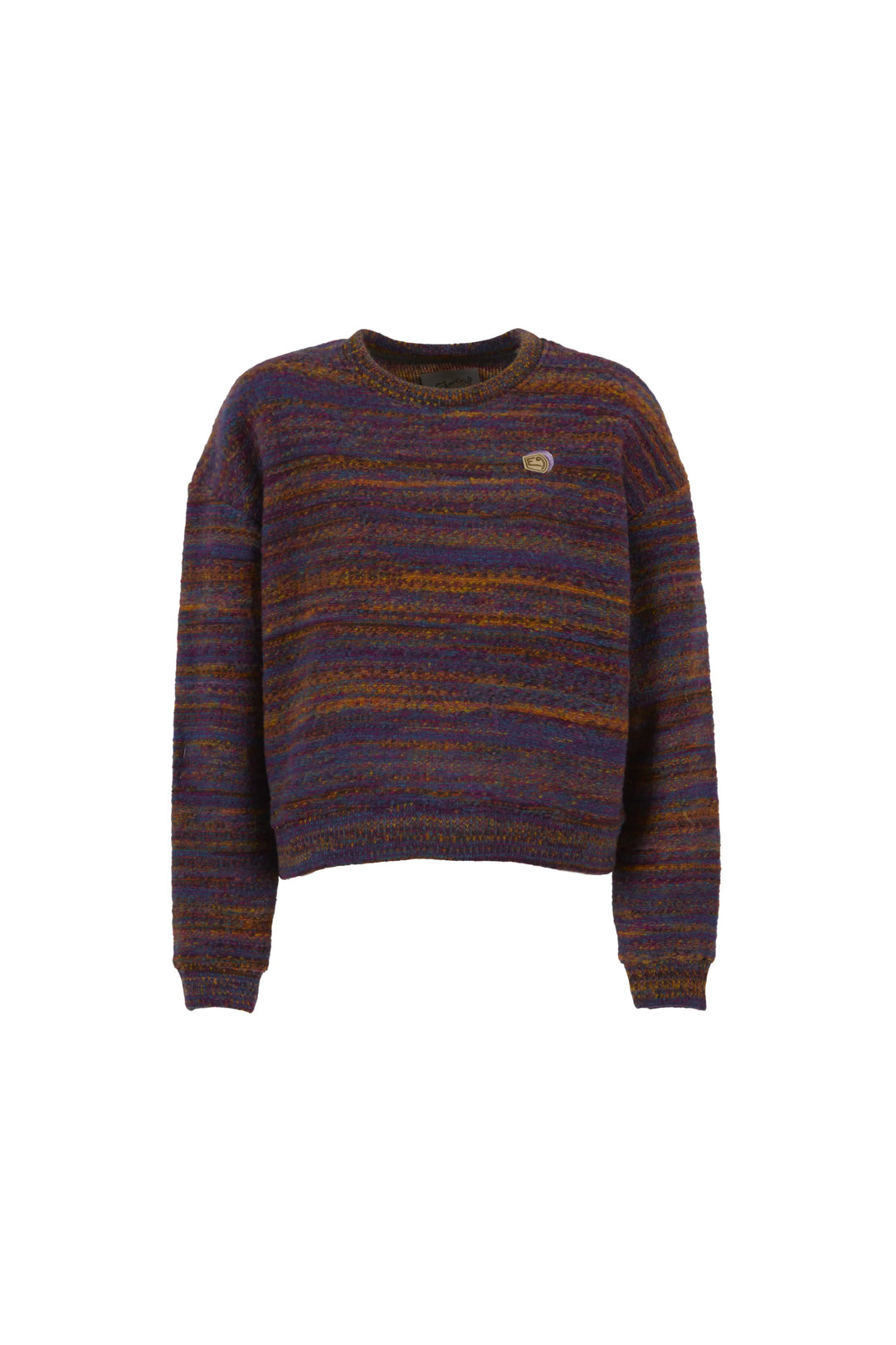 Striped wool sweater with a small logo on a white background