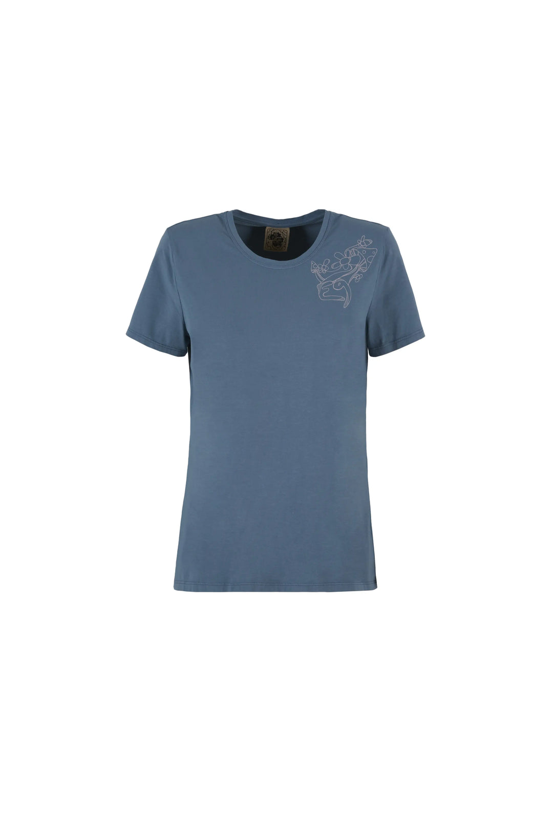Blue women's t-shirt with floral embroidery on a white background