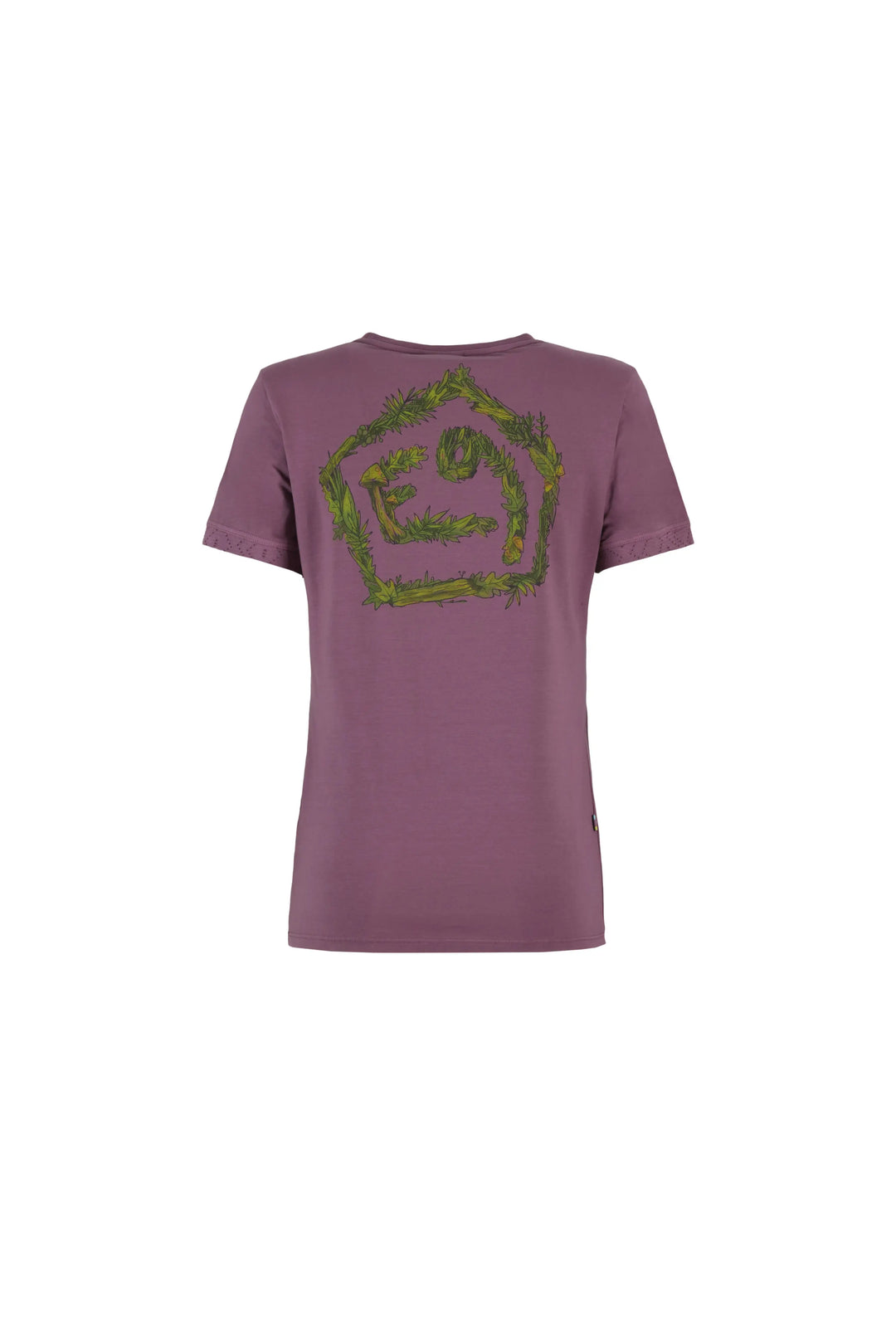 Purple t-shirt with a green logo on a white background