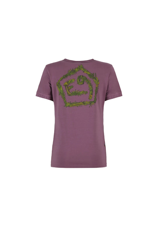 Purple t-shirt with a green logo on a white background