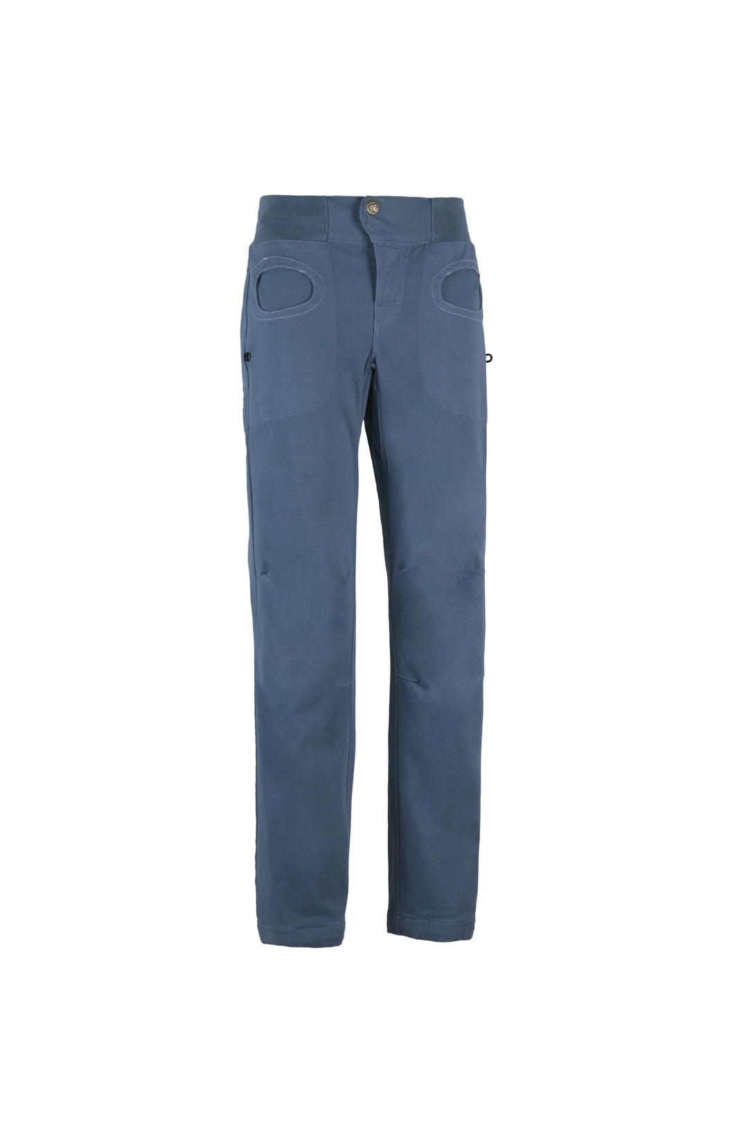 Flat ghost mannequin images of ONDA ROCK climbing trousers, front view showing fit and design details.