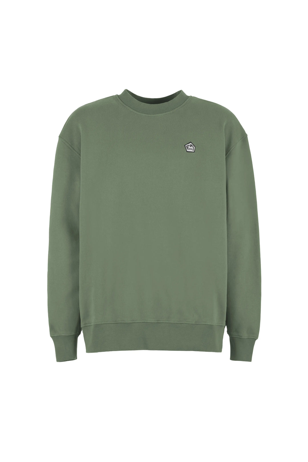 Green sweatshirt with a small logo on a white background