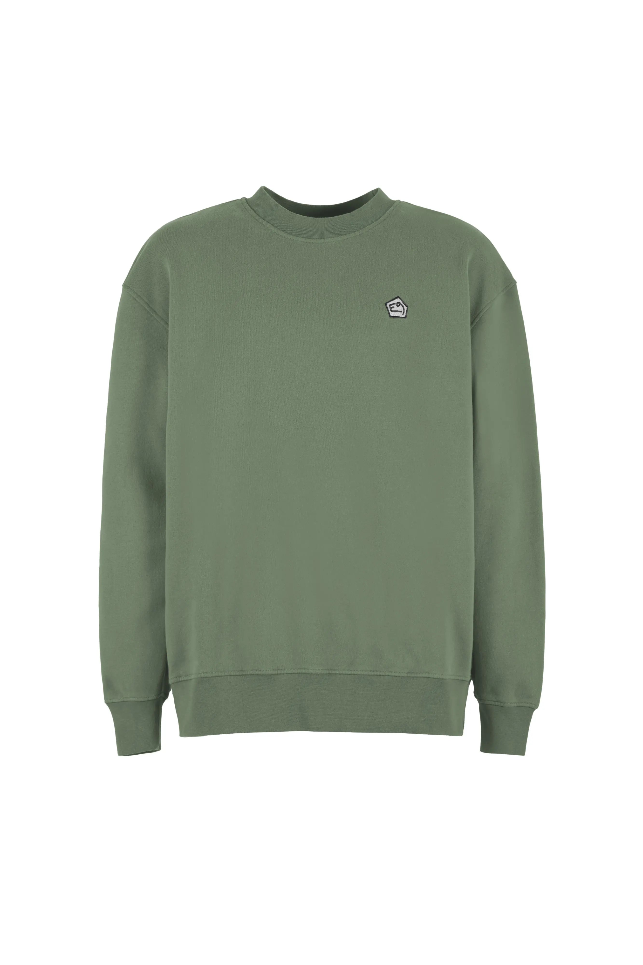 Green sweatshirt with a small logo on a white background