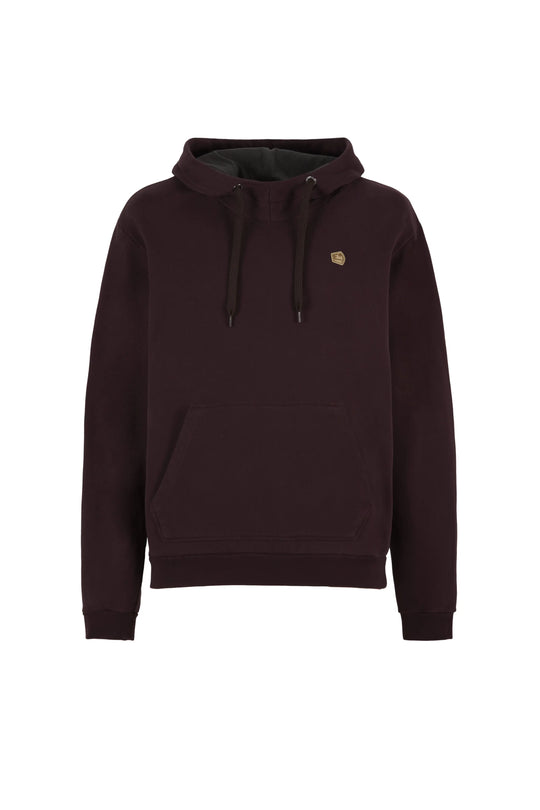 Brown hoodie with a small e9  logo on a white background