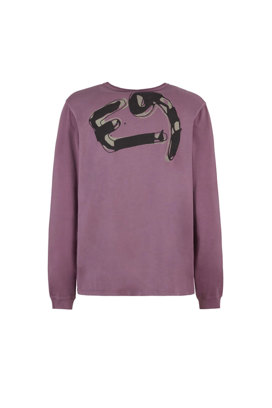 Purple sweatshirt with a black logo on the chest against a white background