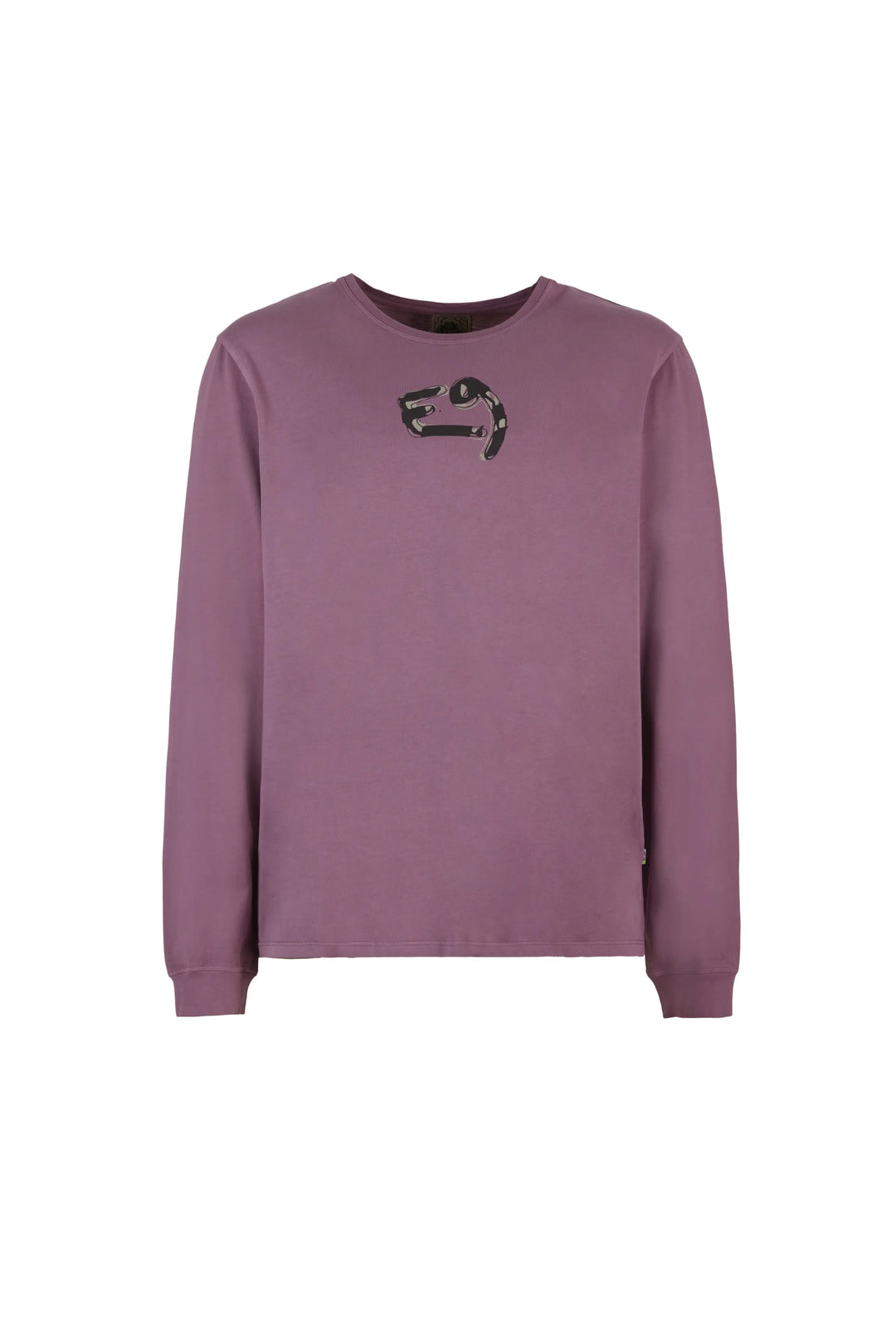 Purple sweatshirt with a black logo on a white background