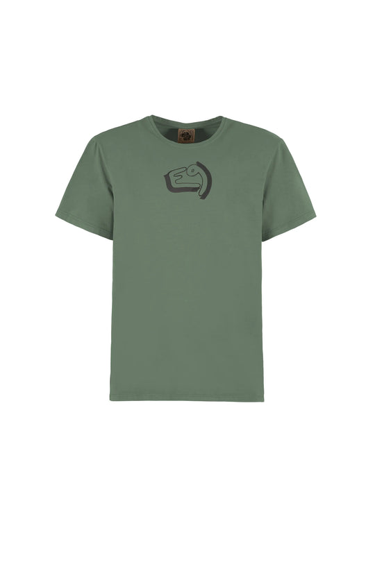 Green t-shirt with a logo on a white background